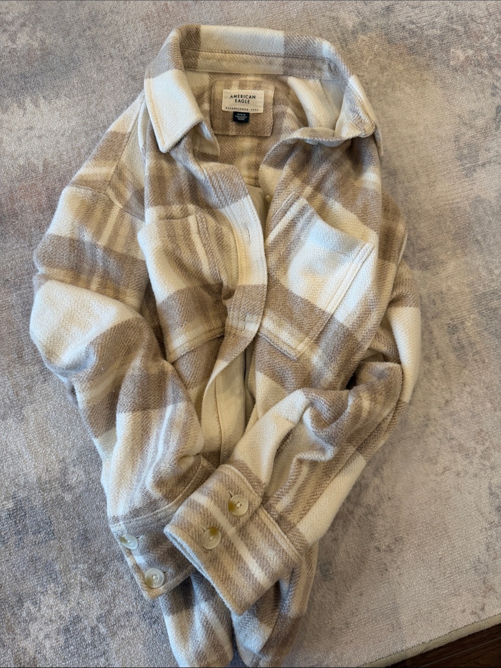American Eagle Outfitters Cream & Tan Plaid Button-Up Shacket